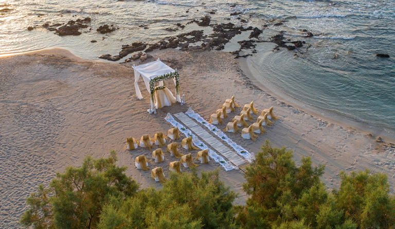Airview of beach wedding setup
