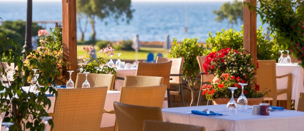 the large veranda in Artemis restaurant overlooking the Aegean Sea